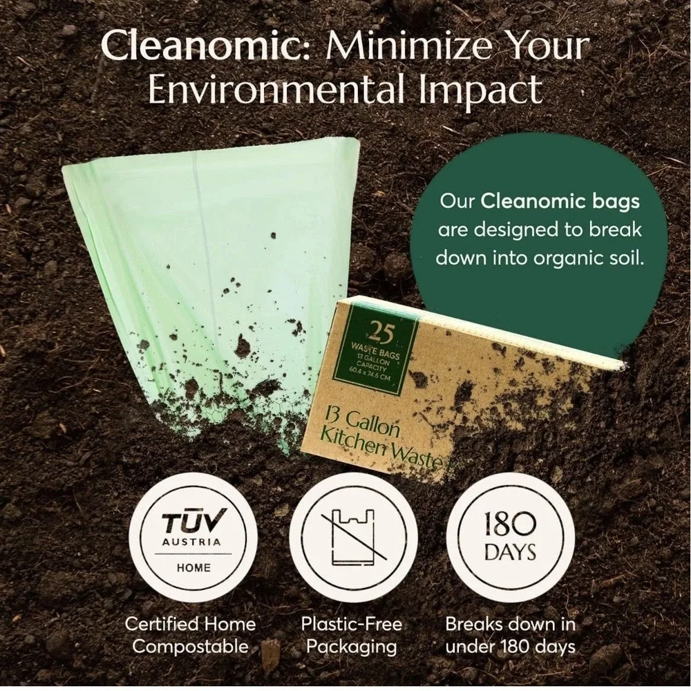 Cleanomic Compostable* Trash Bags (13 Gallon, 25 Units, Tall), B Extra Strength